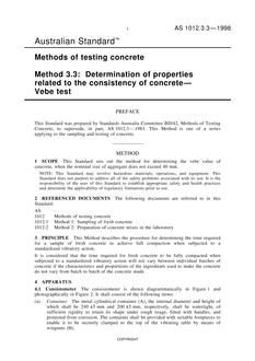 AS 1012.3.3: 09/05/1998 Methods of testing concrete, Method 3.3: Determination of properties related to the consistency of concrete – Vebe test