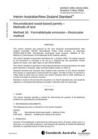 AS/NZS 4266.16(INT): 05/05/2001 Reconstituted wood-based panels – Methods of test, Method 16: Formaldehyde emission – Desiccator method
