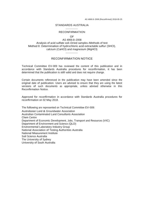 AS 4969.8: 06/30/2008 Analysis of acid sulfate soil – Dried samples – Methods of test, Method 8: Determination of hydrochloric acid extractable sulfur (SHCl), calcium (CaHCl) and magnesium (MgHCl)
