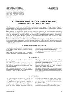 AS 1301.454S: 01/01/1992 Methods of test for pulp and paper, Method 454S: Determination of opacity (paper backing) – Diffuse reflectance method