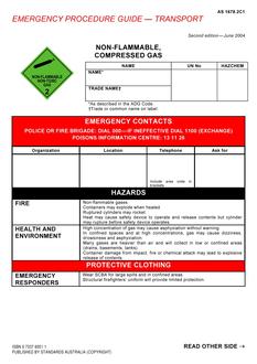 AS 1678.2C1: 06/03/2004 Emergency procedure guide – Transport – Non-flammable, compressed gas AS 1678.2C1: 06/03/2004 Emergency procedure guide – Transport – Non-flammable, compressed gas