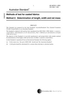 AS 4878.2: 10/25/2001 Methods of test for coated fabrics, Method 2: Determination of length, width and net mass