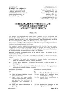 AS/NZS 1301.426S: 08/15/1994 Methods of test for pulp and paper, Part 426S: Determination of thickness and apparent bulk density or apparent sheet density AS/NZS 1301.426S: 08/15/1994 Methods of test for pulp and paper, Part 426S: Determination of thickness and apparent bulk density or apparent sheet density