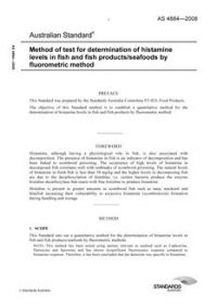 AS 4884: 01/01/2008 Method of test for determination of histamine levels in fish and fish products/seafoods by fluorometric method