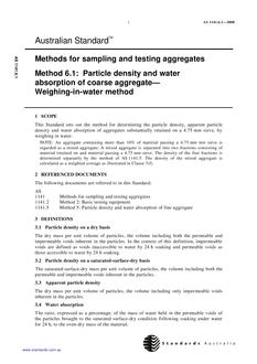 AS 1141.6.1: 06/19/2000 Methods for sampling and testing aggregates, Method 6.1: Particle density and water absorption of coarse aggregate – Weighing-in-water method