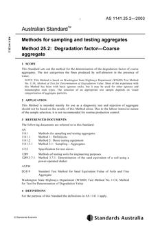AS 1141.25.2: 09/05/2003 Methods for sampling and testing aggregates, Method 25.2: Degradation factor – Coarse aggregate