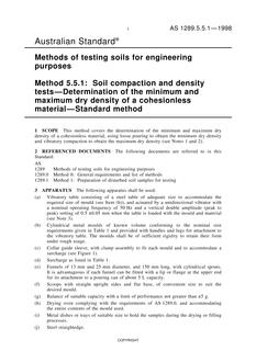 AS 1289.5.5.1: 03/05/1998 Methods of testing soils for engineering purposes, Method 5.5.1: Soil compaction and density tests – Determination of the minimum and maximum dry density of a cohesionless material – Standard method