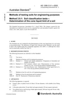 AS 1289.3.9.1: 01/01/2002 Methods of testing soils for engineering purposes, Method 3.9.1: Soil classification tests – Determination of the cone liquid limit of a soil