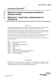 AS 2300.2.9: 08/26/2008 Method of chemical and physical testing for dairying industry, Method 2.9: Liquid milks – Determination of phosphorus