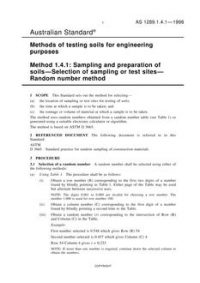 AS 1289.1.4.1: 04/05/1998 Methods of testing soils for engineering purposes, Method 1.4.1: Sampling and preparation of soils – Selection of sampling or test sites – Random number method