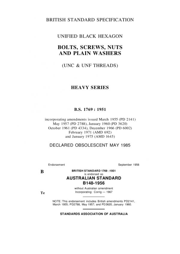 AS B148: 01/01/1956 Unified black hexagon bolts, screws and nuts (UNC and UNF threads) and plain washers – Heavy series AS B148: 01/01/1956 Unified black hexagon bolts, screws and nuts (UNC and UNF threads) and plain washers – Heavy series