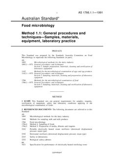 AS 1766.1.1: 12/31/1990 Food microbiology, Method 1.1: General procedures and techniques – Samples, materials, equipment, laboratory practice