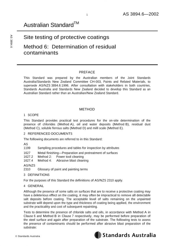AS 3894.6: 06/07/2002 Site testing of protective coatings, Method 6: Determination of residual contaminants