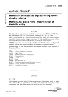 AS 2300.2.10: 08/26/2008 Methods of chemical and physical testing for the dairying industry, Method 2.10: Liquid milks – Determination of titratable acidity