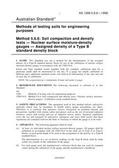 AS 1289.5.8.6: 01/01/1998 Methods of testing soils for engineering purposes, Method 5.8.6: Soil compaction and density tests – Nuclear surface moisture-density gauges – Assigned density of a Type B standard density block