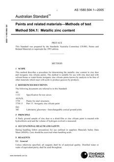 AS 1580.504.1: 01/01/2005 Paints and related materials – Methods of test, Method 504.1: Metallic zinc content