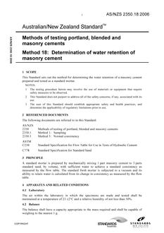 AS/NZS 2350.18: 12/29/2006 Methods of testing portland, blended and masonry cements, Method 18: Determination of water retention of masonry cement