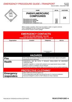AS 1678.6.0.010: 01/01/1998 Emergency procedure guide – Transport – Phenylmercuric compounds