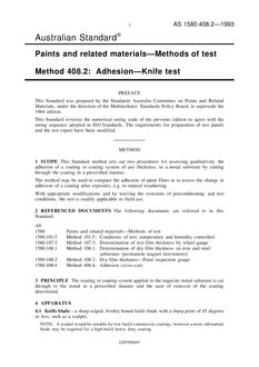 AS 1580.408.2: 01/01/1993 Paints and related materials – Methods of test, Method 408.2: Adhesion – Knife test