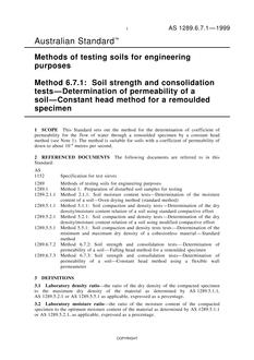 AS 1289.6.7.1: 01/01/1999 Methods of testing soils for engineering purposes, Method 6.7.1: Soil strength and consolidation tests – Determination of permeability of a soil – Constant head method for a remoulded specimen