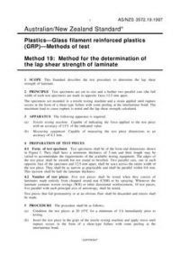 AS/NZS 3572.19: 08/05/1997 Plastics – Glass filament reinforced plastics (GRP) – Methods of test, Method 19: Method for the determination of the lap shear strength of laminate