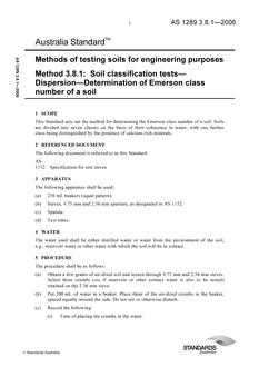 AS 1289.3.8.1: 06/07/2006 Methods of testing soils for engineering purposes, Method 3.8.1: Soil classification tests – Dispersion – Determination of Emerson class number of a soil
