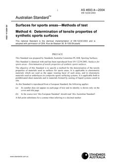 AS 4693.4: 01/01/2004 Surfaces for sports areas – Methods of test, Method 4: Determination of tensile properties of synthetic sports surfaces