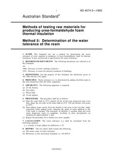 AS 4074.5: 01/01/1993 Methods of testing raw materials for producing urea-formaldehyde foam thermal insulation, Method 5: Determination of the water tolerance of the resin