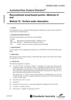 AS/NZS 4266.12: 06/19/2003 Reconstituted wood-based panels – Methods of test, Method 12: Surface water absorption