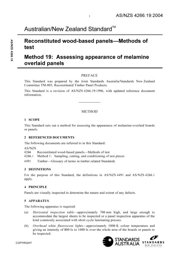 AS/NZS 4266.19: 03/26/2004 Reconstituted wood-based panels – Methods of test, Method 19: Assessing appearance of melamine overlaid panels