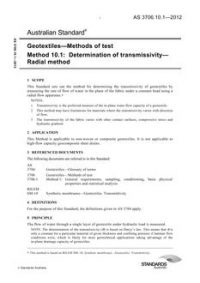 AS 3706.10.1: 04/30/2012 Geotextiles – Methods of test, Method 10.1: Determination of transmissivity – Radial method AS 3706.10.1: 04/30/2012 Geotextiles – Methods of test, Method 10.1: Determination of transmissivity – Radial method