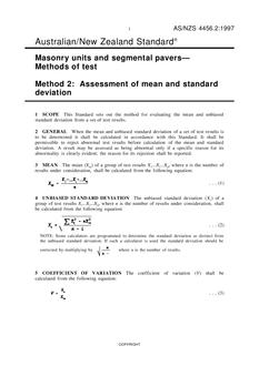 AS/NZS 4456.2: 04/05/1997 Masonry units and segmental pavers – Methods of test, Method 2: Assessment of mean and standard deviation