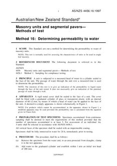 AS/NZS 4456.16: 04/05/1997 Masonry units and segmental pavers – Methods of test, Method 16: Determining permeability to water