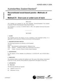 AS/NZS 4266.21: 03/26/2004 Reconstituted wood-based panels – Methods of test, Method 21: Over-cure or under-cure of resin AS/NZS 4266.21: 03/26/2004 Reconstituted wood-based panels – Methods of test, Method 21: Over-cure or under-cure of resin