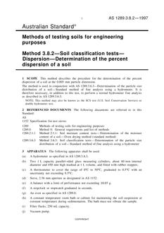 AS 1289.3.8.2: 01/01/1997 Methods of testing soils for engineering purposes, Method 3.8.2: Soil classification tests – Dispersion – Determination of the percent dispersion of a soil