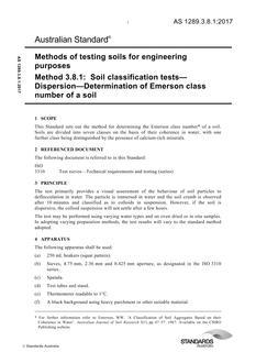 AS 1289.3.8.1: 04/26/2017 Methods of testing soils for engineering purposes, Method 3.8.1: Soil classification tests – Dispersion – Determination of Emerson class number of a soil
