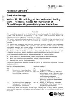 AS 5013.16: 01/01/2004 Food microbiology, Method 16: Microbiology of food and animal feeding stuffs – Horizontal method for enumeration of Clostridium perfringens – Colony-count technique