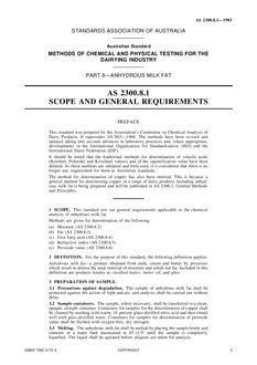 AS 2300.8.1: 10/07/1983 Methods of chemical and physical testing for the dairying industry, Method 8.1: Anhydrous milk fat – Scope and general requirements