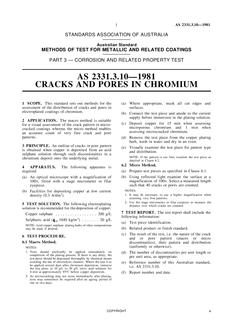 AS 2331.3.10: 01/01/1981 Methods of test for metallic and related coatings, Part 3.10: Corrosion and related property tests – Cracks and pores in chromium AS 2331.3.10: 01/01/1981 Methods of test for metallic and related coatings, Part 3.10: Corrosion and related property tests – Cracks and pores in chromium
