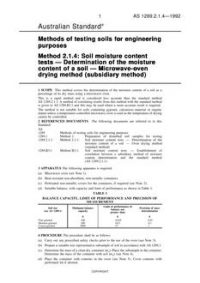 AS 1289.2.1.4: 01/01/1992 Methods of testing soils for engineering purposes, Method 2.1.4: Soil moisture content tests – Determination of the moisture content of a soil – Microwave-oven drying method (subsidiary method)