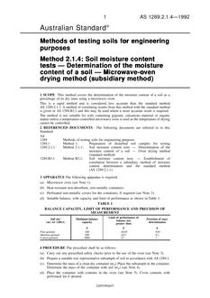 AS 1289.2.1.4: 01/01/1992 Methods of testing soils for engineering purposes, Method 2.1.4: Soil moisture content tests – Determination of the moisture content of a soil – Microwave-oven drying method (subsidiary method)