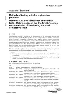 AS 1289.5.1.1: 04/26/2017 Methods of testing soils for engineering purposes, Method 5.1.1: Soil compaction and density tests – Determination of the dry density/moisture content relation of a soil using standard compactive effort