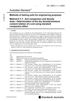 AS 1289.5.1.1: 01/01/2003 Methods of testing soils for engineering purposes, Method 5.1.1: Soil compaction and density tests – Determination of the dry density/moisture content relation of a soil using standard compactive effort