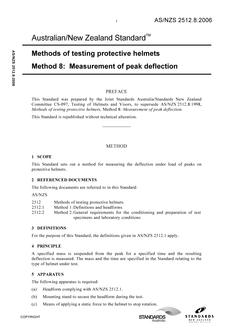 AS/NZS 2512.8: 06/13/2006 Methods of testing protective helmets, Method 8: Measurement of peak deflection