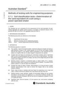 AS 1289.3.7.1: 06/10/2002 Methods of testing soils for engineering purposes, Method 3.7.1: Soil classification tests – Determination of the sand equivalent of a soil using a power-operated shaker AS 1289.3.7.1: 06/10/2002 Methods of testing soils for engineering purposes, Method 3.7.1: Soil classification tests – Determination of the sand equivalent of a soil using a power-operated shaker