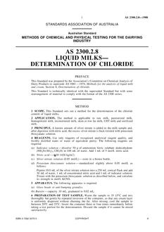 AS 2300.2.8: 12/31/1987 Methods of chemical and physical testing for the dairying industry, Method 2.8: Liquid milks – Determination of chloride