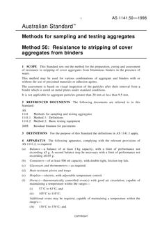 AS 1141.50: 09/05/1998 Methods for sampling and testing aggregates, Method 50: Resistance to stripping of cover aggregates from binders