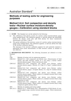 AS 1289.5.8.4: 01/01/1998 Methods of testing soils for engineering purposes, Method 5.8.4: Soil compaction and density tests – Nuclear surface moisture-density gauges – Calibration using standard blocks