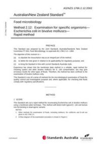 AS/NZS 1766.2.12: 05/07/2002 Food microbiology, Method 2.12: Examination for specific organisms – Escherichia coli in bivalve molluscs – Rapid method