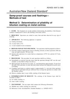 AS/NZS 4347.3: 11/05/1995 Damp-proof courses and flashings – Methods of test, Method 3: Determination of pliability of bitumen coating on metal centres